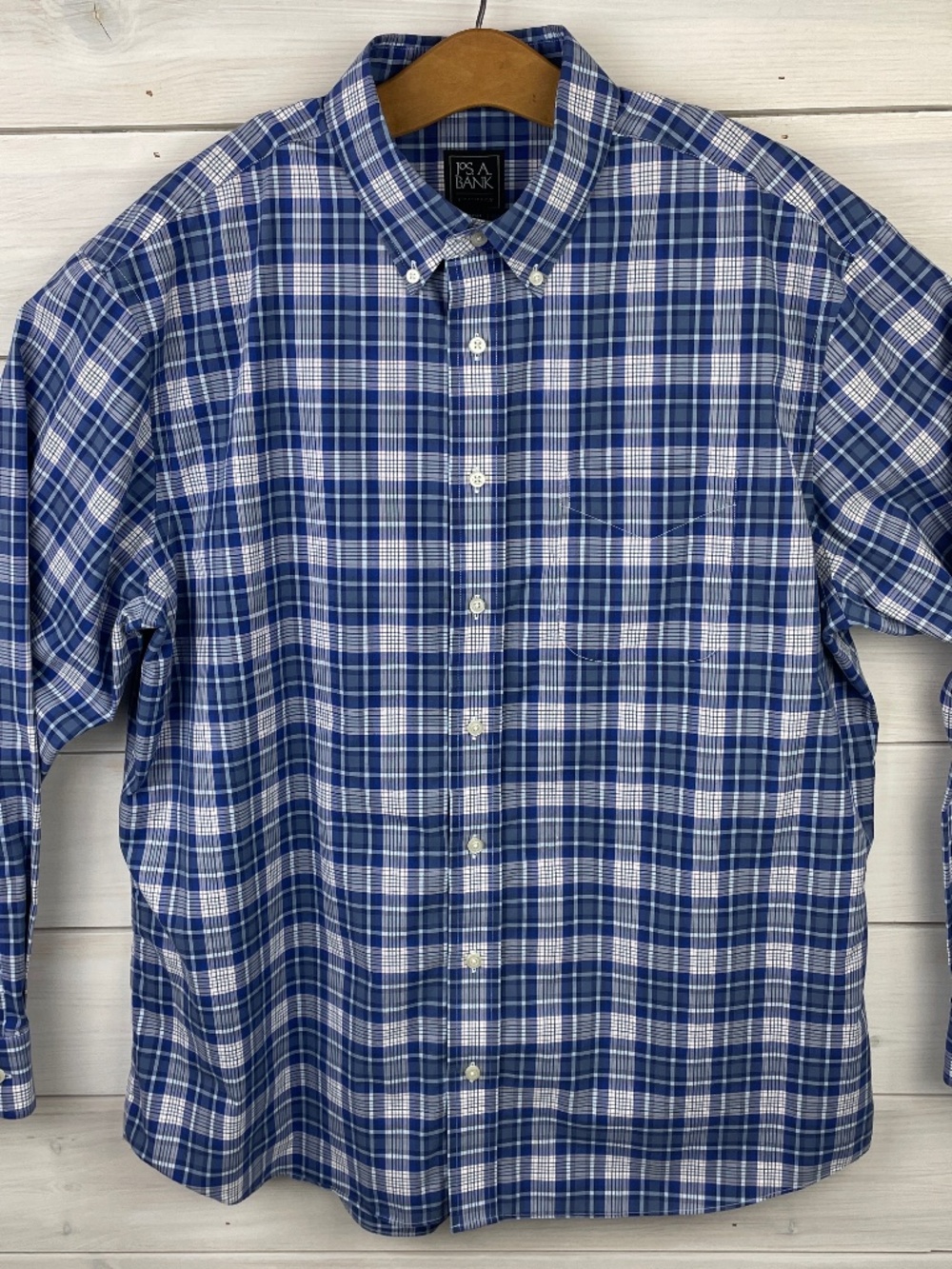 Jos A Bank Traveler Blue Check Long Sleeve Mens Button Down Collar Shirt Size XL